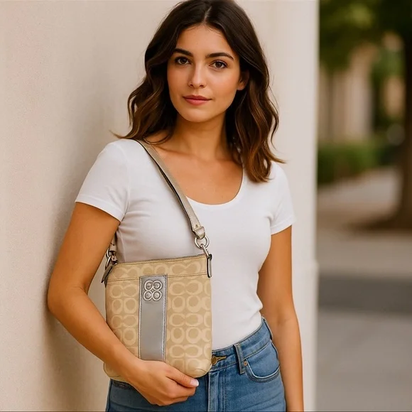 Coach “Julia” Crossbody Silver Metallic Monogram Purse Refurbished 8.5x7.5 - Picture 2 of 11